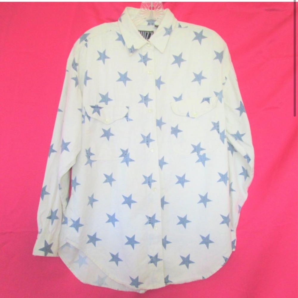 Blue white star button down longe sleeve large vintage